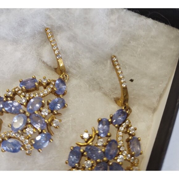 Women's Gold Plated  Sterling Silver Earrings 2" x 3/4"   Purple Tanzanite  & CV - Picture 3 of 9